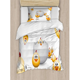 Набір великодніх підковдр для односпальних ліжок, Chick Funny Caricature, Захист від кліщів Алергія Підходить з наволочкою, 130 x 200 см - 70 x 50 см, Orange Yellow White 130 x 200 см - 70 x 50 см Помаранчево-жовтий Білий