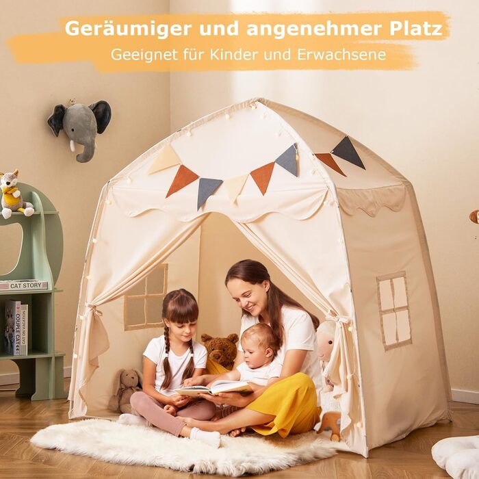 Дитяче намет-ліжко DREAMADE 2 в 1 з гірляндою та прапором, ігровий намет для дитячої кімнати, ігровий будиночок для дітей від 3 років (Бежевий)