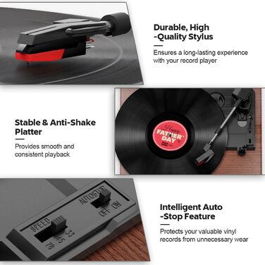Вініловий програвач FYDEE з Bluetooth, ретро-програвач пластинок із вбудованими стереодинаміками, 3 швидкості (33/45/78 об/хв), RCA-вихід, AUX-вхід, корпус з горіха