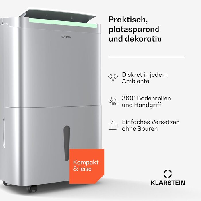 Електричний осушувач Klarstein DryFy 20L - 400W, 20л/день, 5л бак, 46dB, Auto-Swing, таймер, режим сушіння білизни, для дому та офісу, білий (40л, нержавіюча сталь)