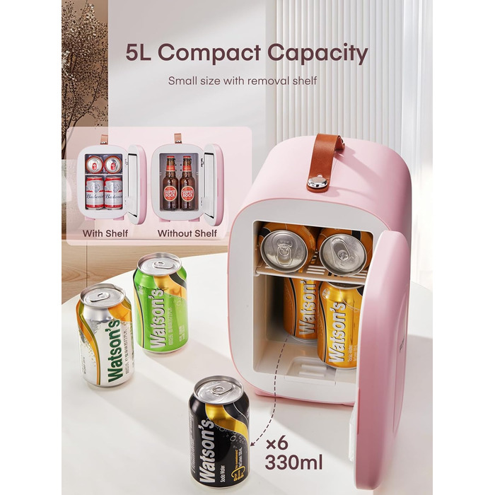 Міні холодильник FOHERE 5 літрів, USB живлення, 220V/12V, для напоїв та косметики, білий (рожевий)