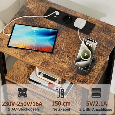 Нічний столик AMHANCIBLE з зарядкою, приліжний столик з висувними ящиками з тканини, журнальний столик з відкритою полицею, з 2 USB-портами та 2 розетками, для спальні, вітальні, HETS020GY-1 (Коричневий)