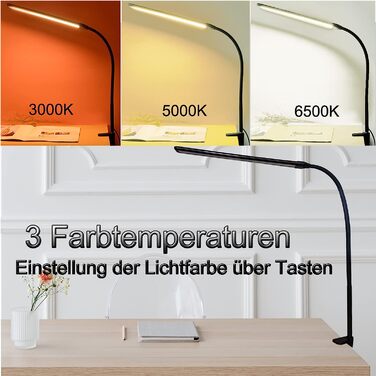 Настільна лампасвітлодіодна настільна лампа, 29,5-дюймова лампа з поворотним кронштейном, затискна лампа для захисту очей, 3 кольори і 10 рівнів яскравості з регульованою яскравістю USB, приліжкова лампа потужністю 12 Вт для офісу, декорування шкільного п