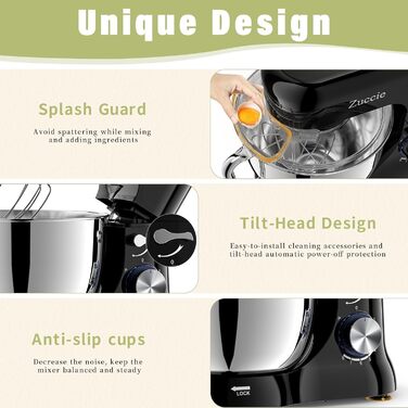 Кухонна машина Zuccie з тихою роботою, 5л чаша з нержавіючої сталі, 3 насадки, сплітц-захист, скребок для тіста та роздільник яєць, 8+P швидкості, для приготування тіста (білий/чорний)