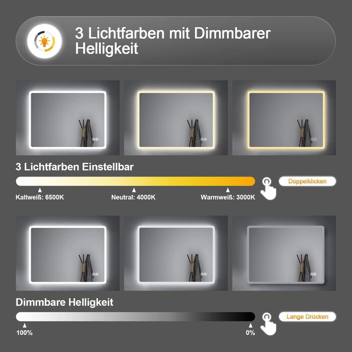 Дзеркало для ванної кімнати Badspiegel 50x70см з годинником та підсвічуванням 3 кольори, сенсорний вимикач, прямокутне, для ванної/вітальні (100x60x3.5см)