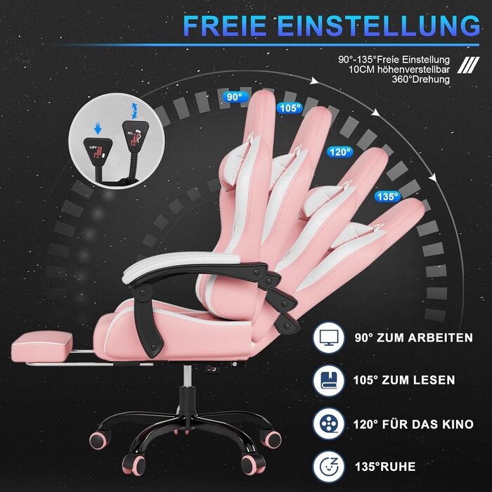 Ігровий крісло JUMMICO з масажем, ергономічний офісний стілець з підголовником, регульована спинка 90-135°, підставка для ніг, витримує до 150 кг (Рожевий, Компактний)