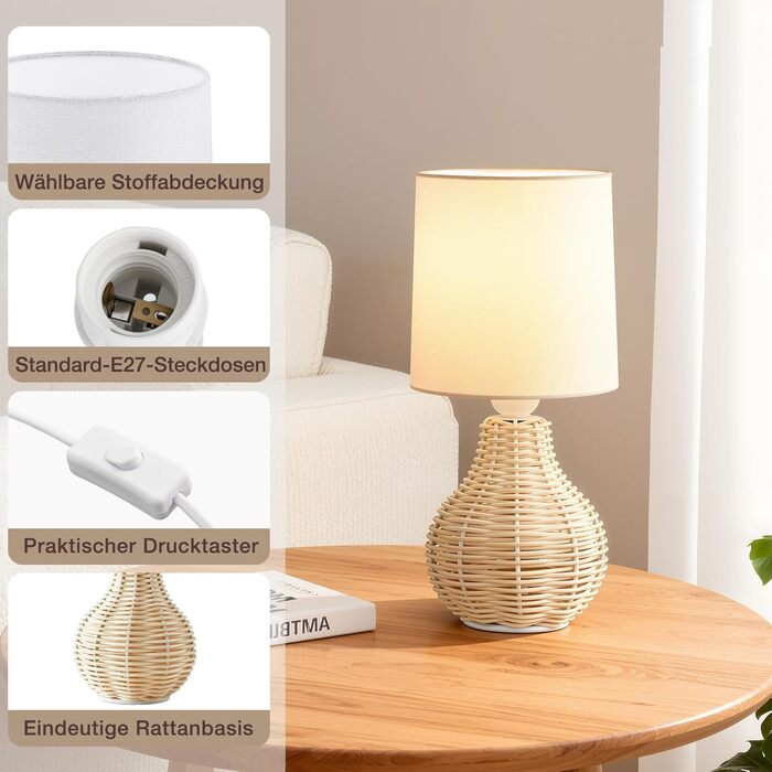 Настільна лампа GyroVu 2 шт. з ротангу, Бохо стиль, цоколь E27, для спальні, вітальні, читання