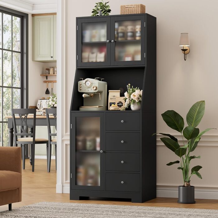 Кухонна шафа HOCSOK 163 см з робочою поверхнею, буфет, шафа для зберігання продуктів, 3 двері та 4 шухляди, висока шафа для кухні, вітальні, їдальні, бару, білий (чорний)