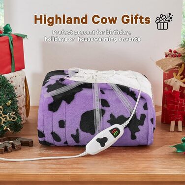 Електрична гріюча ковдра з принтом корови, повний розмір 183x213 см, фіолетова, 10 режимів нагріву, автоматичне вимкнення через 8 годин, флісова ковдра з декором гірської породи худоби, Sherpa