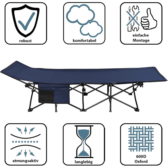 Розкладне кемпінгове ліжко ALPIDEX до 200 кг з м'яким матрацом та бічною кишенєю, синій
