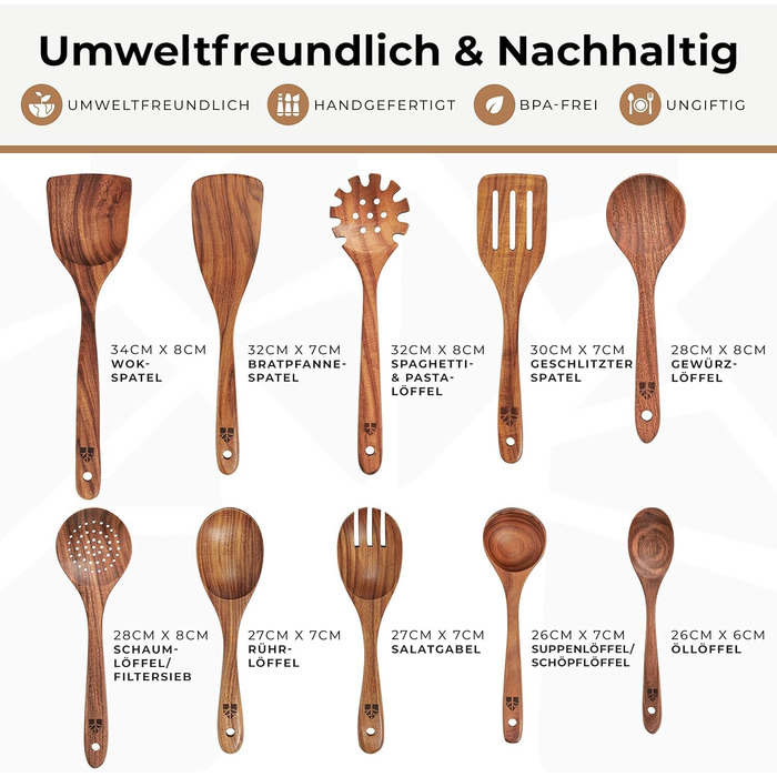 Набір дерев'яних ложок для приготування їжі (10 шт.) з теку - кухонне приладдя, лопатки, ложки для готування, антипригарне покриття, стійкість до нагріву