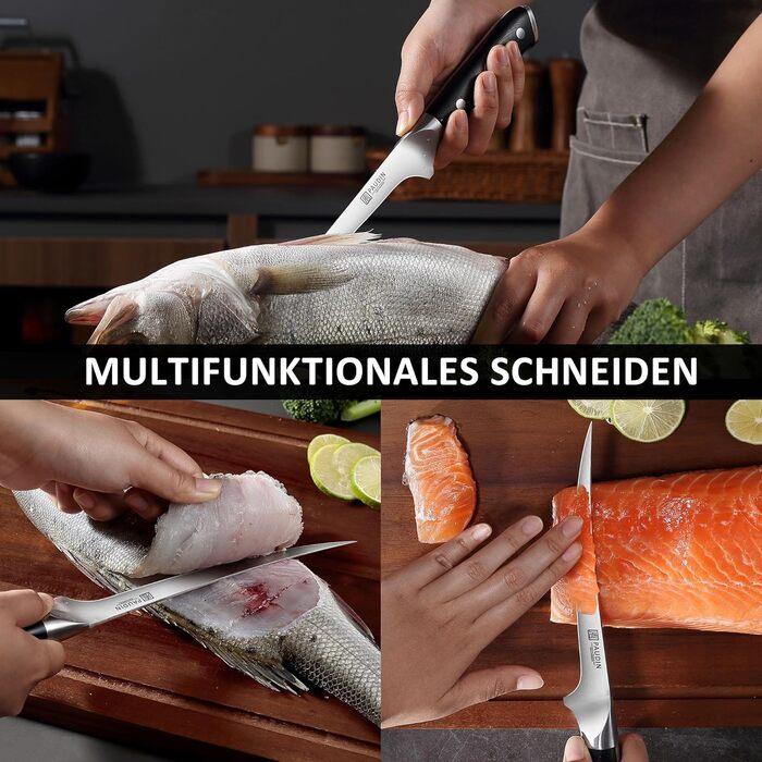 Набір кухонних ножів Paudin 7 предметів з дерев'яним блоком, професійний набір ножів для кухні, з високоякісним лезом та ABS ручками (рибний ніж)