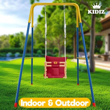 Дитячий гойдалка-колиска KIDIZ® для немовлят (від 6 міс.) та малюків до 3+ років, дерев'яна, з регулюванням висоти та м'якою подушкою, для дому та вулиці, бордовий колір