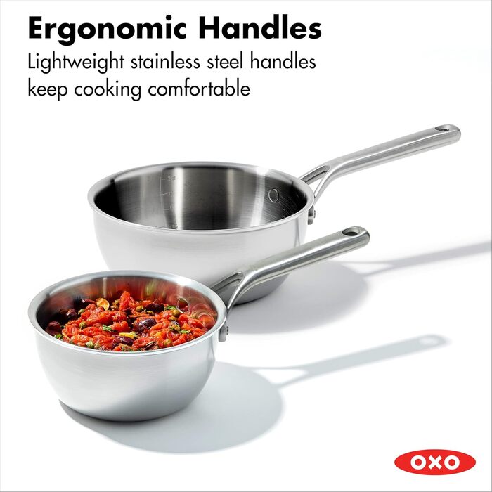 Набір каструль OXO Mira з нержавіючої сталі, 1,5 л та 3,57 л з кришкою, без PFAS, Multi Clad, для індукційних плит, придатні для миття в посудомийній машині та духовці, срібні