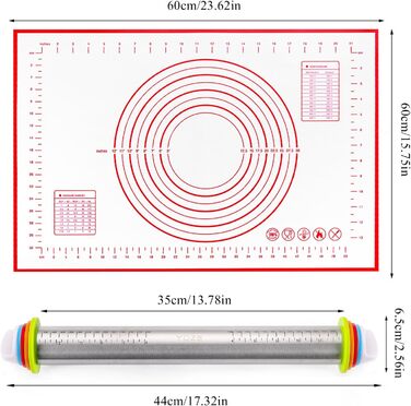 Регульована качалка з товстими кільцями, гладка антипригарна голка з нержавіючої сталі та килимок для випічки тіста, піци, торта, тістечок, макаронів, печива, помадки