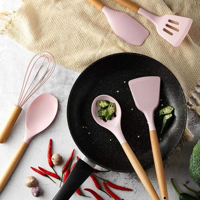 Набір кухонних аксесуарів з силікону, 28 предметів, набір лопаток з підставкою для антипригарного посуду (Рожевий)