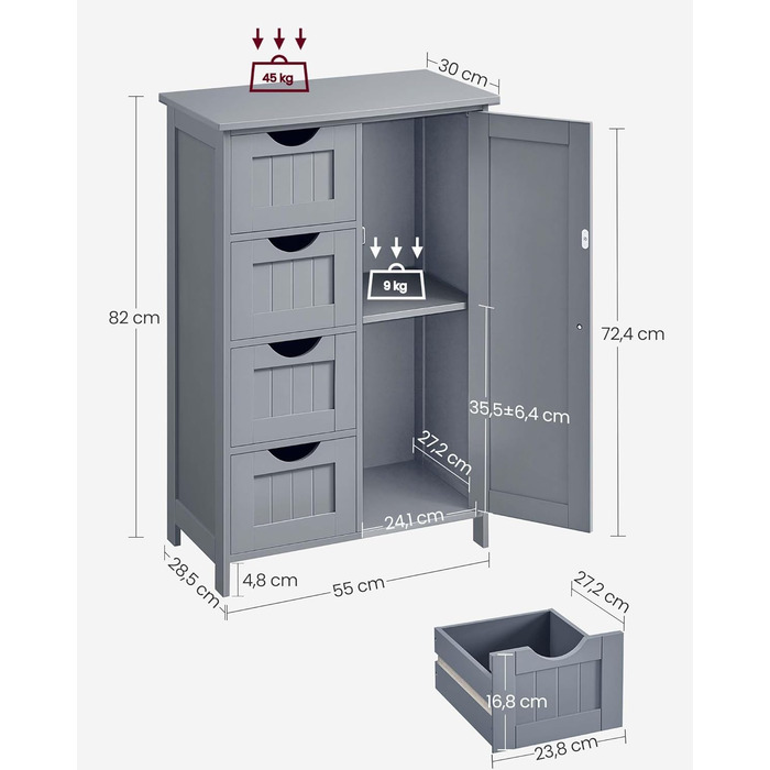 Тумба для ванної кімнати VASAGLE, вузька, 4 ящики, дверцята шафи, регульована полиця, 30x55x82 см, Dove сірий