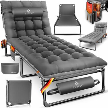Розкладне кемпінгове ліжко KESSER з преміум-матрацом та подушкою, 190x68x30 см, витримує до 250 кг, з кишенею та підстаканником, антрацит