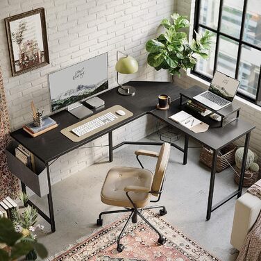 Ігровий стіл CubiCubi L-подібний, 150x120 см, з підставкою для монітора та кишенькою для зберігання, чорний