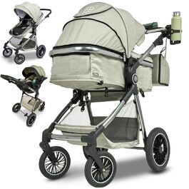 Дитяча коляска 3 в 1 з автокріслом та люлькою | Коляска для новонароджених з 5-точковим ременем безпеки | Кольори: світло-оливковий