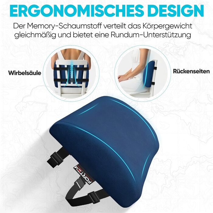 Пояснична подушка FORTEM для авто та офісного стільця, ортопедична підтримка спини з ефектом пам'яті (Memory Foam), дихаючий чохол, синій велюр