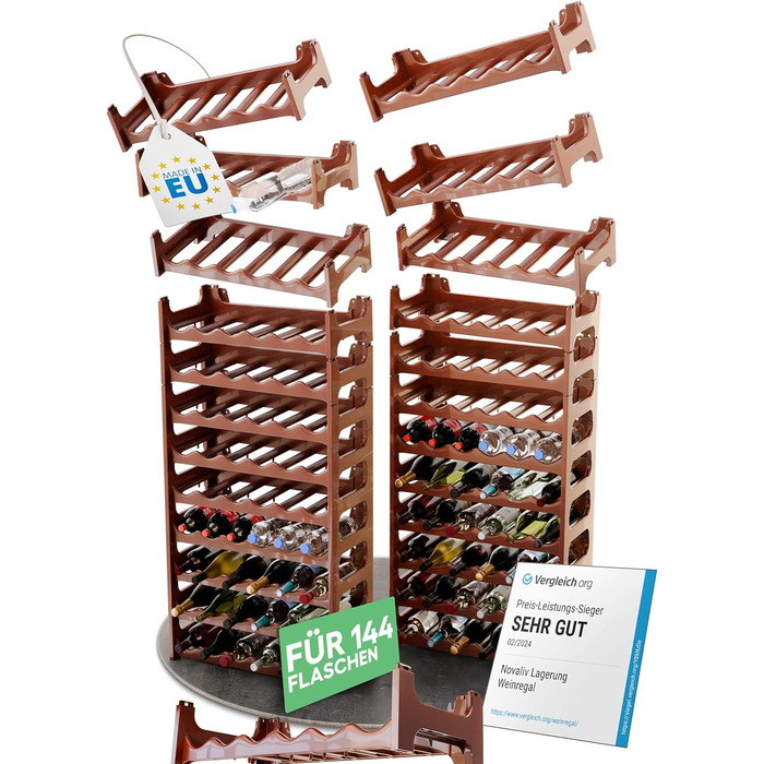 Пластикова полиця для пляшок Novaliv на 36 пляшок, розширювана, стелаж для вина, напоїв, спиртних напоїв, органайзер для пляшок (до 144 пляшок, коричневий)