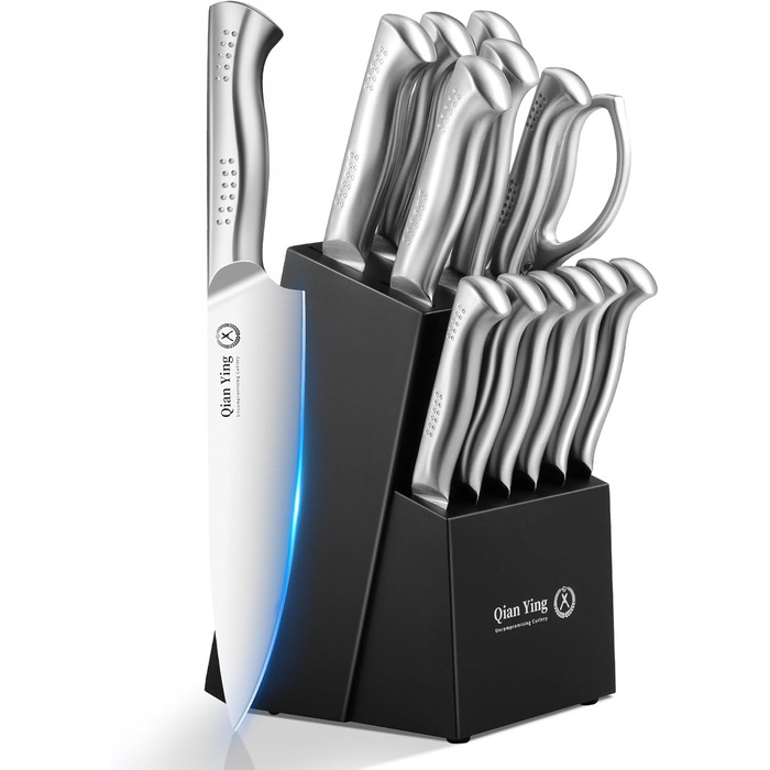 Набір кухонних ножів 14 предметів у блоці: кухонні ножі, ніж кухарський, шліфувальник, подарунок мамі. Білий набір ножів