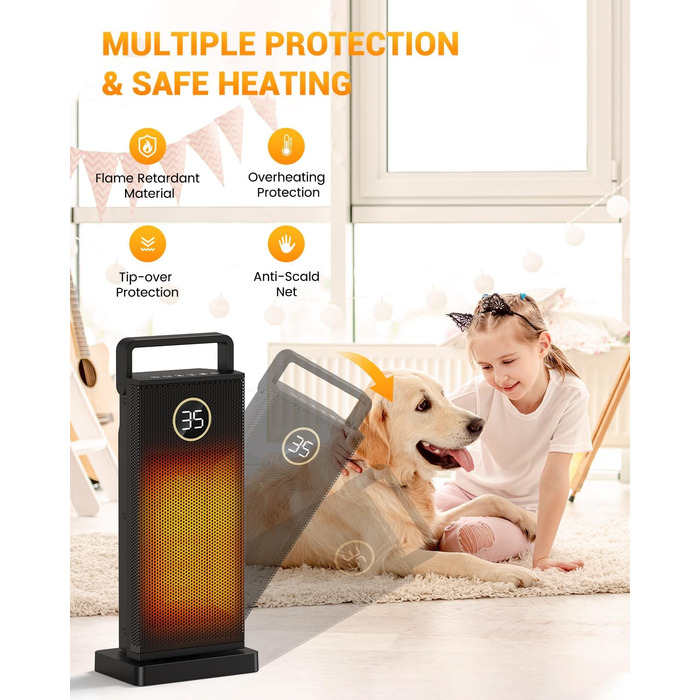 Електричний обігрівач з керамічним нагрівачем, 3 режими, 2000W, осциляція 70°, захист від перекидання, тихий обігрівач для дому та офісу