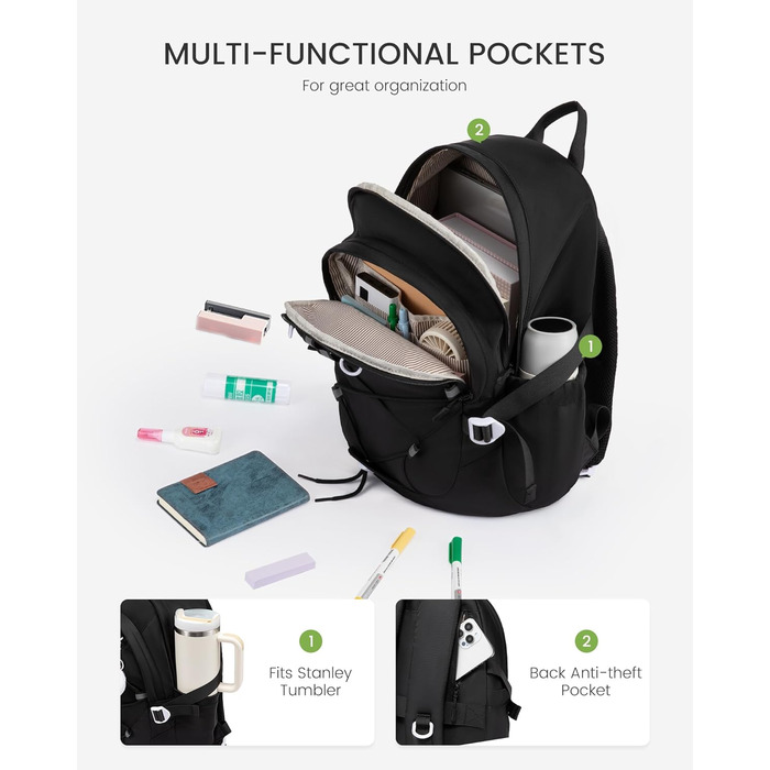 Шкільний рюкзак LOVEVOOK для підлітків, 5 клас, з нагрудною стрічкою, легкий, для дівчаток, 17.3 дюйми (Чорний)