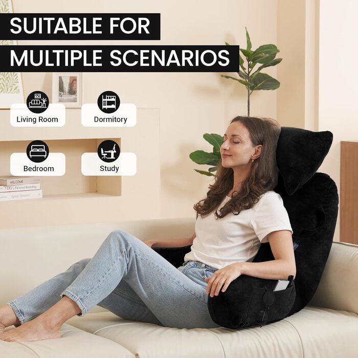 Підкова для читання з підголовником, м'яке спинне крісло з підлокітниками та кишенями для дорослих, зручне ліжко з піною з пам'яті для гуртожитку (Чорний, Преміум Великий)