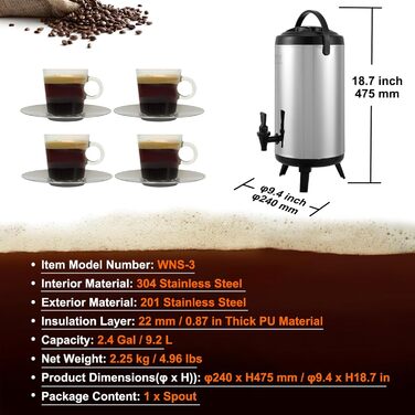 Диспенсер для гарячих та холодних напоїв VEVOR, 17.2 л, з нержавіючої сталі. Диспенсер для води, кави, молока, соку. Ізотермічна кана 9.2 л