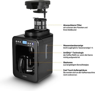 Кавоварка Lauben Grind&Drip 600BB, маленька кавоварка з вбудованою кавомолкою, фільтр, що миється, автоматичне відключення, протикрапельна технологія, ємність 4 чашки