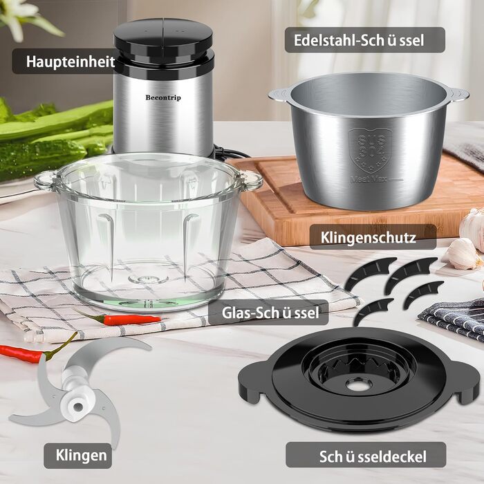 Електричний подрібнювач для кухні [500W] з нержавіючою сталлю, 2L чаша (скло+нержавіюча сталь) – кухонний комбайн для дитячого харчування, м'яса, овочів, цибулі (мідний двигун)