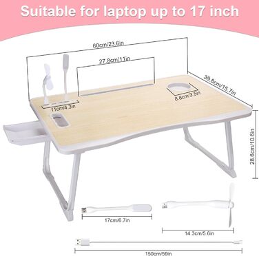 Складаний столик для ноутбука з USB-портом, ручкою, відділенням для карток, тримачем для напоїв та ящиком. Білий клен.