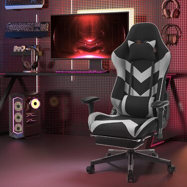 Крісло ігрове WOLTU з тканини, дихаюче, для літа, ергономічне, з підтримкою попереку, для геймерів, racing, PC, з функцією гойдання та підніжкою, для стрімінгу, чорно-сіре, тканинне