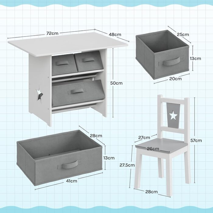 Дитячий набір меблів WOLTU: стіл та 2 стільці з ящиками для зберігання, дерев'яний, сіро-білий