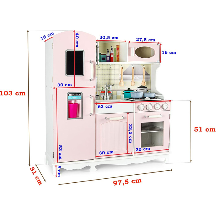 Дитяча кухня Leomark Wood - Menfi, в т.ч. аксесуари, від 3 років, висота 81 см, рожева (PINK VINTAGE)