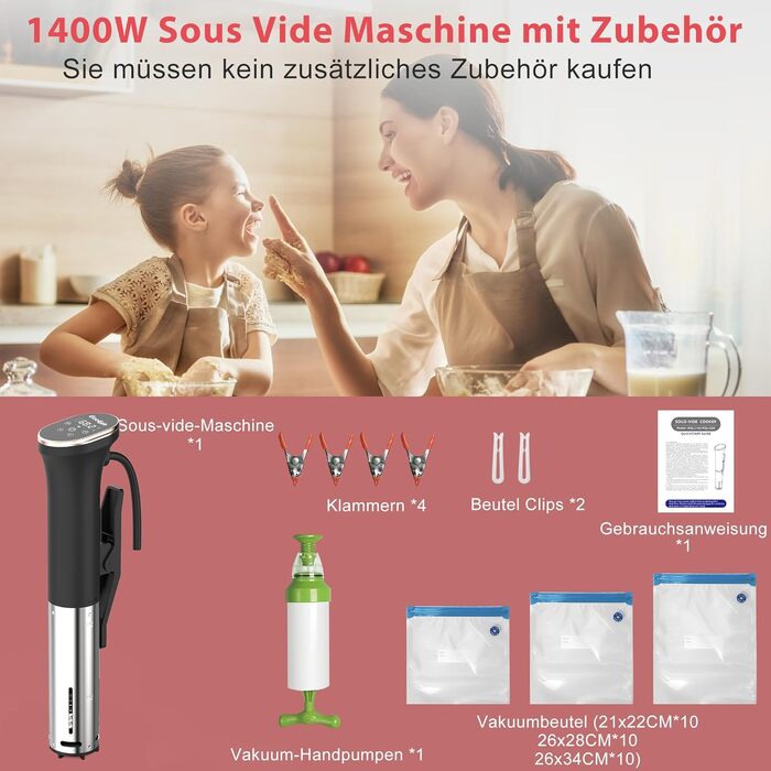 Cooksir Су-від Гастрономічний пристрій, 1400W, 35см, з нержавіючої сталі, Wi-Fi, сенсорне керування, LED, комплект вакуумних пакетів та насос, кулінарна книга