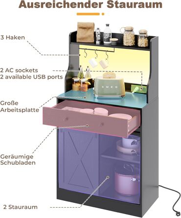 Чорний буфет-шафа з LED-підсвіткою, великою шухлядою та регульованими полицями для кухні, вітальні, їдальні