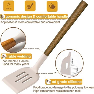Набір кухонних аксесуарів Kochutensilien, 8 предметів з дерев'яними ручками, силіконовий набір, антипригарне покриття, термостійкий, легке очищення (Хакі)