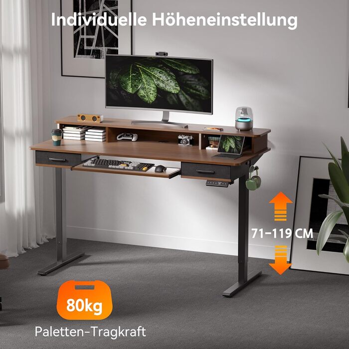 Регульований за висотою стіл WALKINGDESK для офісу, 160x60 см. Електричний, з полицею для клавіатури, 2 шухляди, білий.
