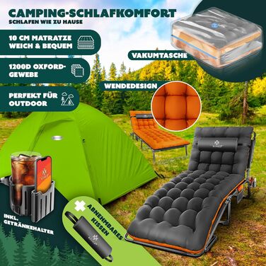 Розкладне кемпінгове ліжко KESSER з преміум-матрацом та подушкою, 190x68x30 см, до 250 кг, з кишенею та підстаканником, чорно-помаранчеве