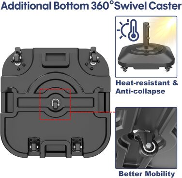 Підставка для парасольки на терасу, міцна, на колесах, до 45,4 кг, заповнювана, мобільна, квадратна, вітростійка, для деку, басейну, газону, чорна