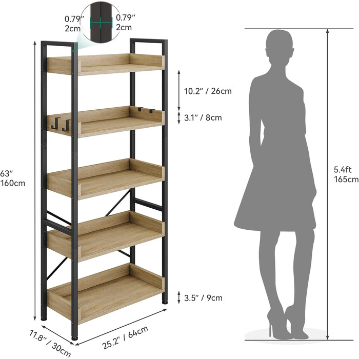 Ярусна книжкова шафа YITAHOME, дерев'яна та сталева рама, з 4 гачками, дуб, для вітальні/домашнього офісу, 5-