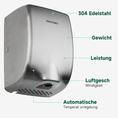 Anydry 2803Y Міні-сушарка для рук, 1350W, нержавіюча сталь, матове покриття, для офісу та дому