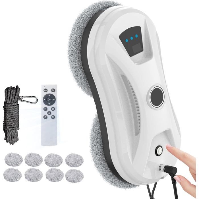 Електричний робот-миття вікон Fensterputzrooter 5600Pa з автоматичним струменем води та системою інтелектуального розпізнавання країв, для внутрішніх та зовнішніх вікон, 10 мікрофібрових серветок (подвійні насадки)