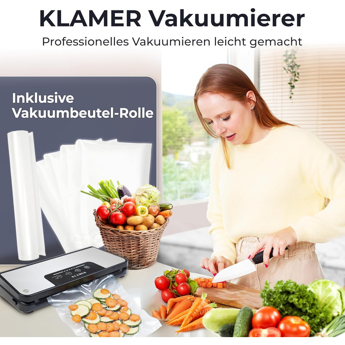 Вакууматор KLAMER Vakuumierer Pro 80 (2025) для сухих та вологих продуктів, для Sous Vide, сріблястий, з пакетами та шлангом