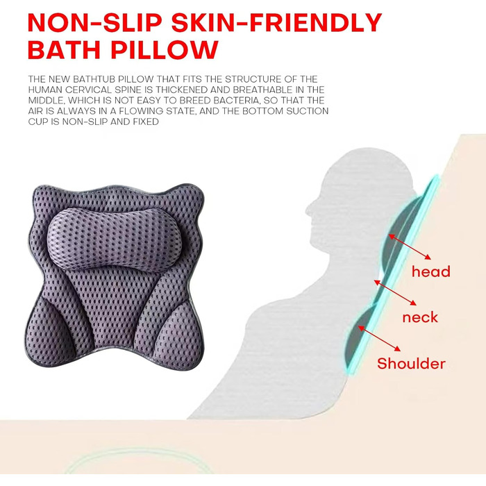 Подушка для ванни 4D Luxus, для голови, шиї, плечей та спини, ергономічна, з 6 присосками, для джакузі та домашнього спа (Чорний)