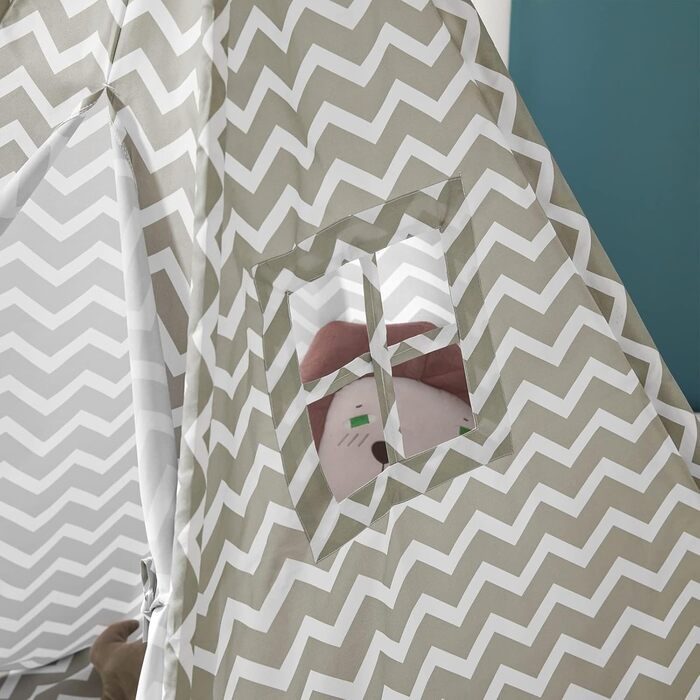 Дитячий намет SoBuy для дому з дверима та вікном, ігровий намет, ігровий будиночок для дитячої кімнати, білий/сірий, 109x165x109 см, OSS03