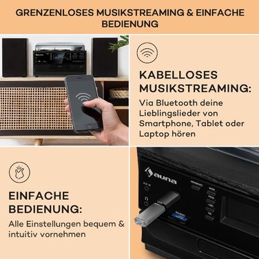 Вініловий програвач Auna з Bluetooth, USB, CD, DAB-радіо, динаміками, ретро-дизайн